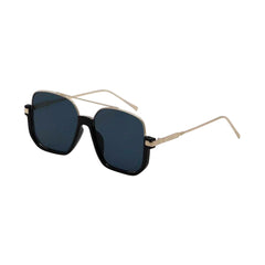 SUN55V3_main "A pair of stylish sunglasses with a modern design. The sunglasses have a black frame with a slightly angular, rectangular shape. The lenses are tinted blue, providing a cool and contemporary look. The temples (arms) of the sunglasses are thin and appear to be made of metal, adding a touch of elegance to the overall design. The bridge of the sunglasses is also metallic, contributing to the sleek and sophisticated appearance."