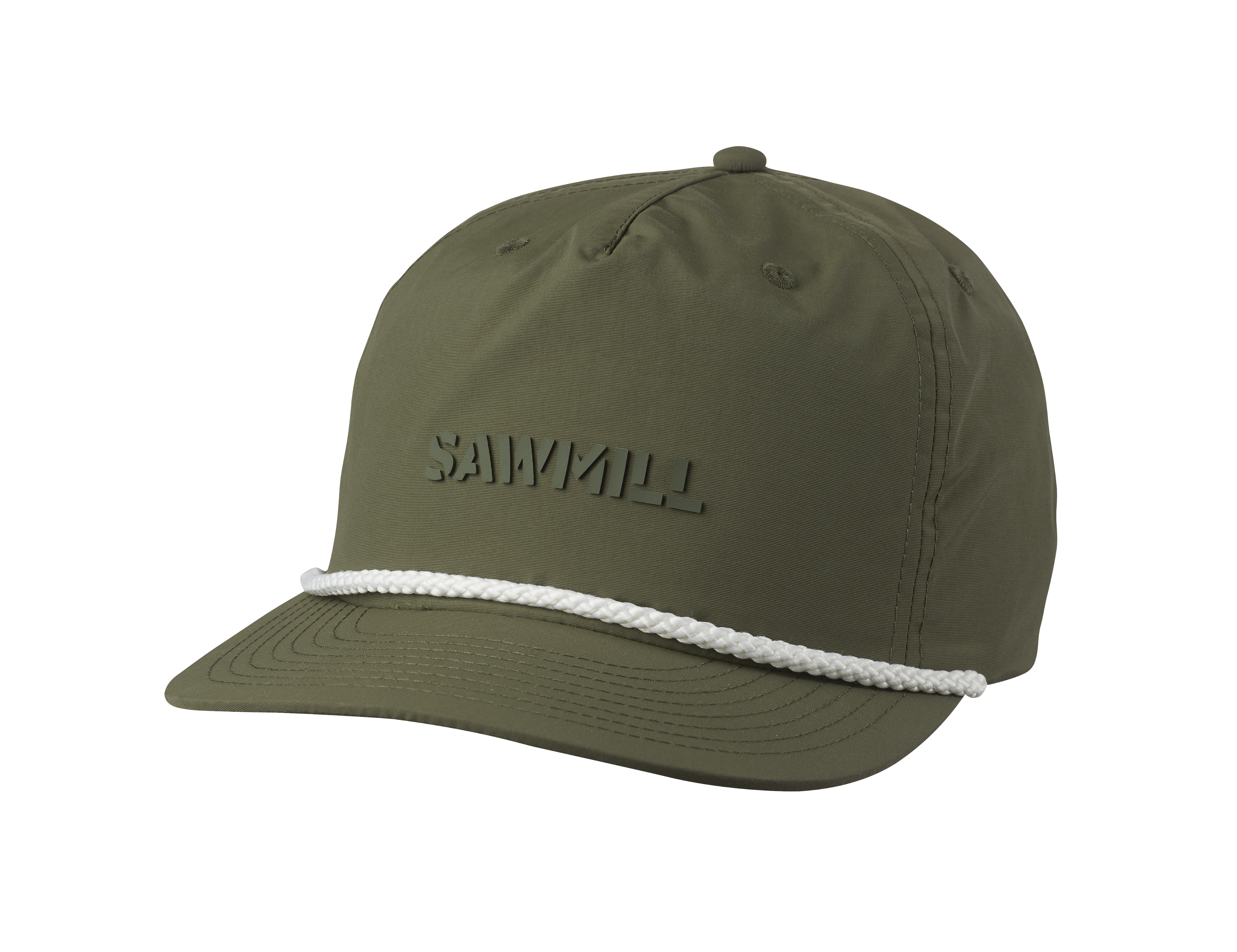 Green cap with white brim and 'Sawmill' branding on a white background