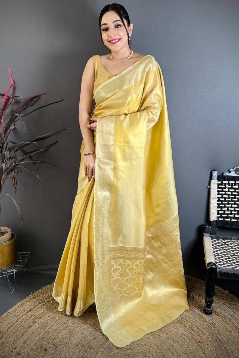 Imbrication Yellow Banarasi Tissue Silk Saree With Scrumptious Blouse Piece