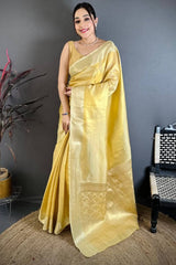 Imbrication Yellow Banarasi Tissue Silk Saree With Scrumptious Blouse Piece
