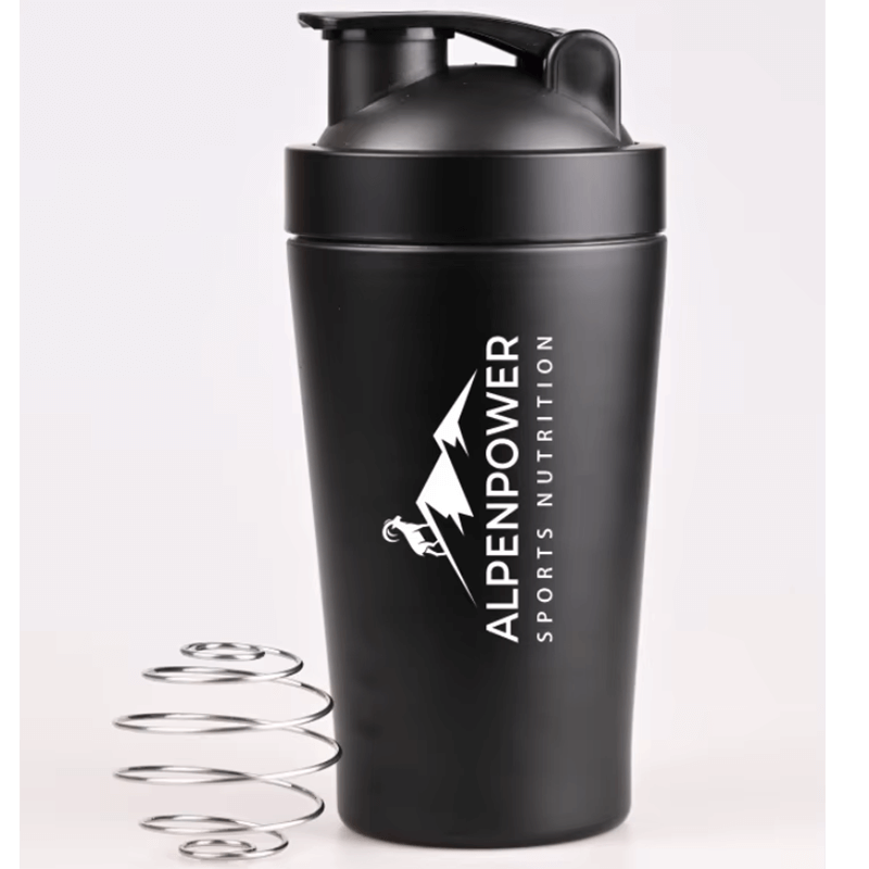 AlpenPower Edelstahl Shaker 600 ml – hochwertiger Proteinshaker aus Edelstahl mit Stahlmischkugel, auslaufsicher und klumpenfrei