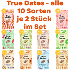 True Dates Probierset – 10 Sorten (je 2×), 20×100g | Sour Cola, Sweet Peach, Creamy Peanut Butter, Cookie Dough, Salty Liquorice, Popcorn Caramel, Pistachio Cream, Cinnamon Roll, Sour Watermelon, Sour Apple | natürlich aromatisierte Datteln