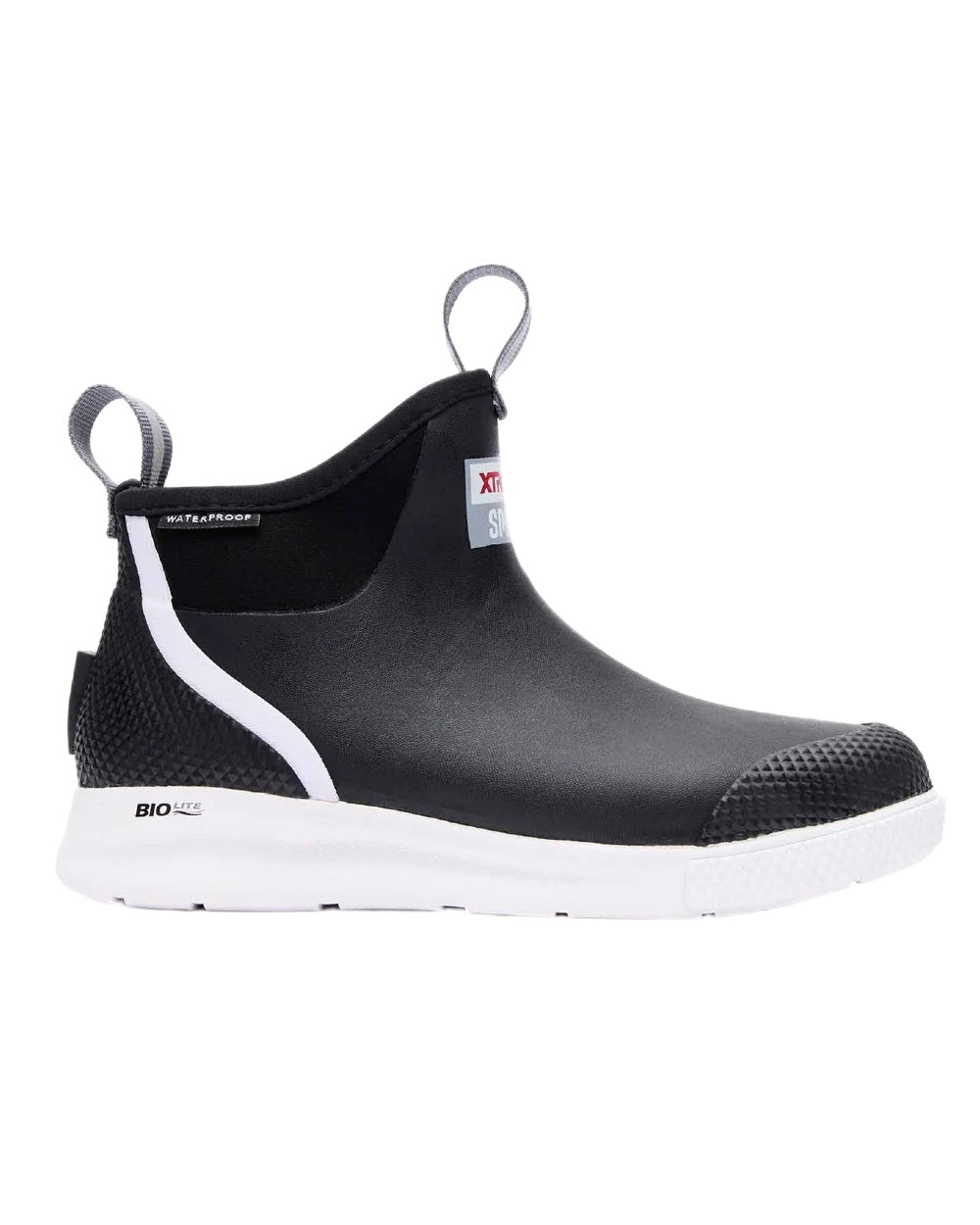 Black Coloured Xtratuf Womens 6" Ankle Deck Sport Boots on white background #colour_black