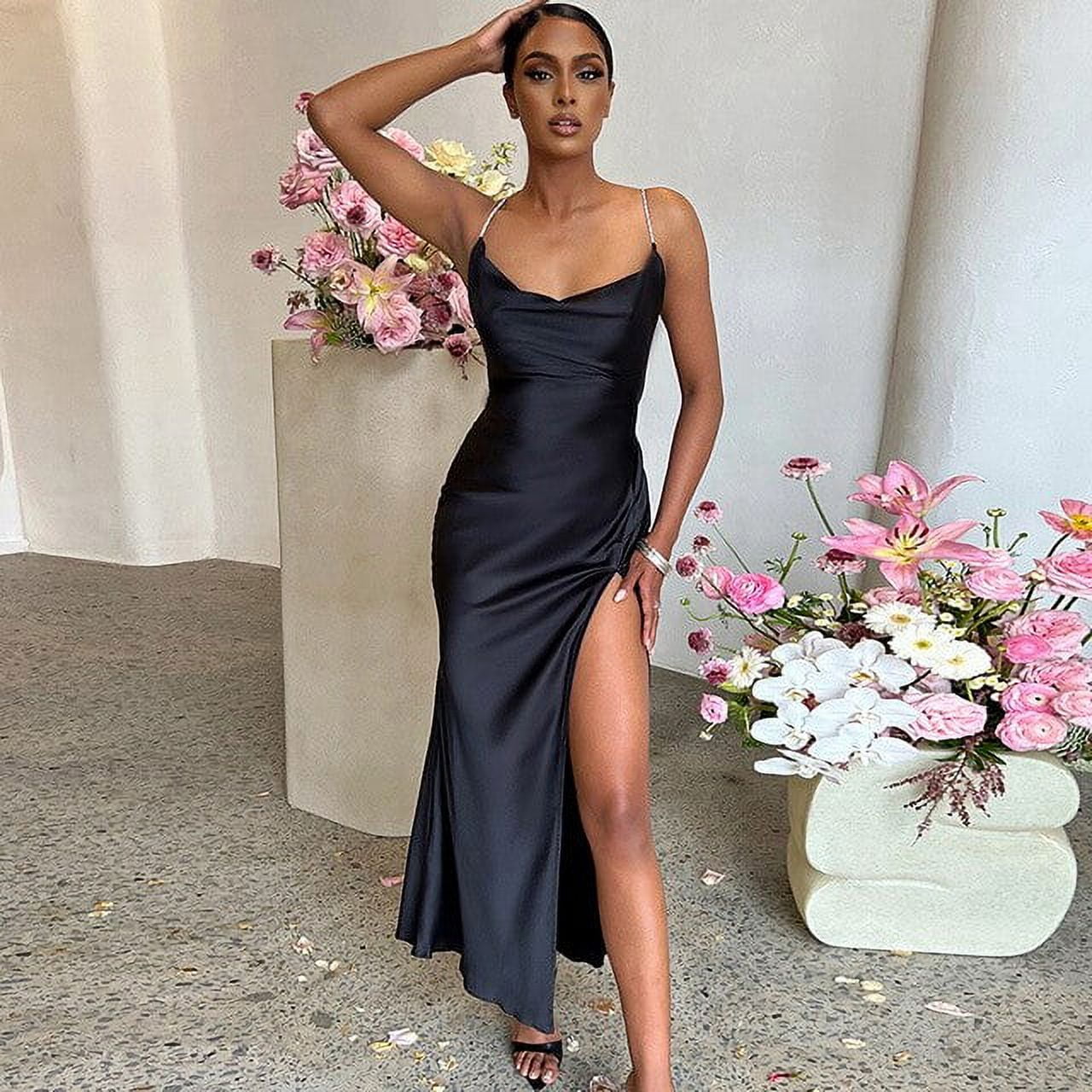 YCNYCHCHY Elegant Satin Slip Dress for Women, Sleeveless Backless Split Evening Party Long Dress