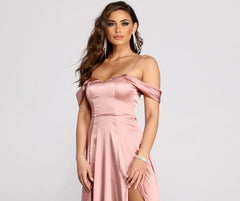 Cassia Lace-Up Back Off Shoulder Satin Dress