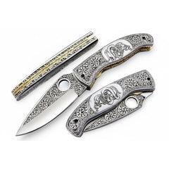 Handmade Damascus Folding Knife, Engraved Bone Handle Pocket Knife, Custom EDC Folder | JW SteelCrafts