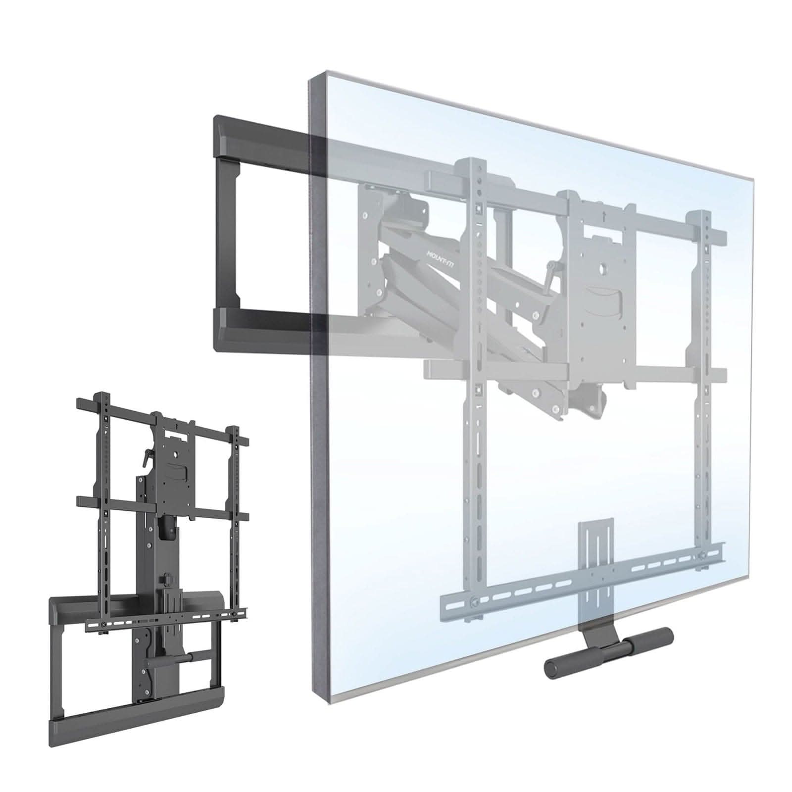 The Mount-It! Pull Down Fireplace TV Mount in black is shown supporting a large flat-screen TV. It features height adjustment, extendable arms, and swiveling joints for flexible positioning, with an isolated view displayed on the left.