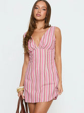 Daphney Plunge Mini Dress Pink Stripe