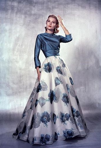 Grace Kelly wearing gown by Leslie Morris poses for LIFE magazine, photo by Philippe Halsman, 1954