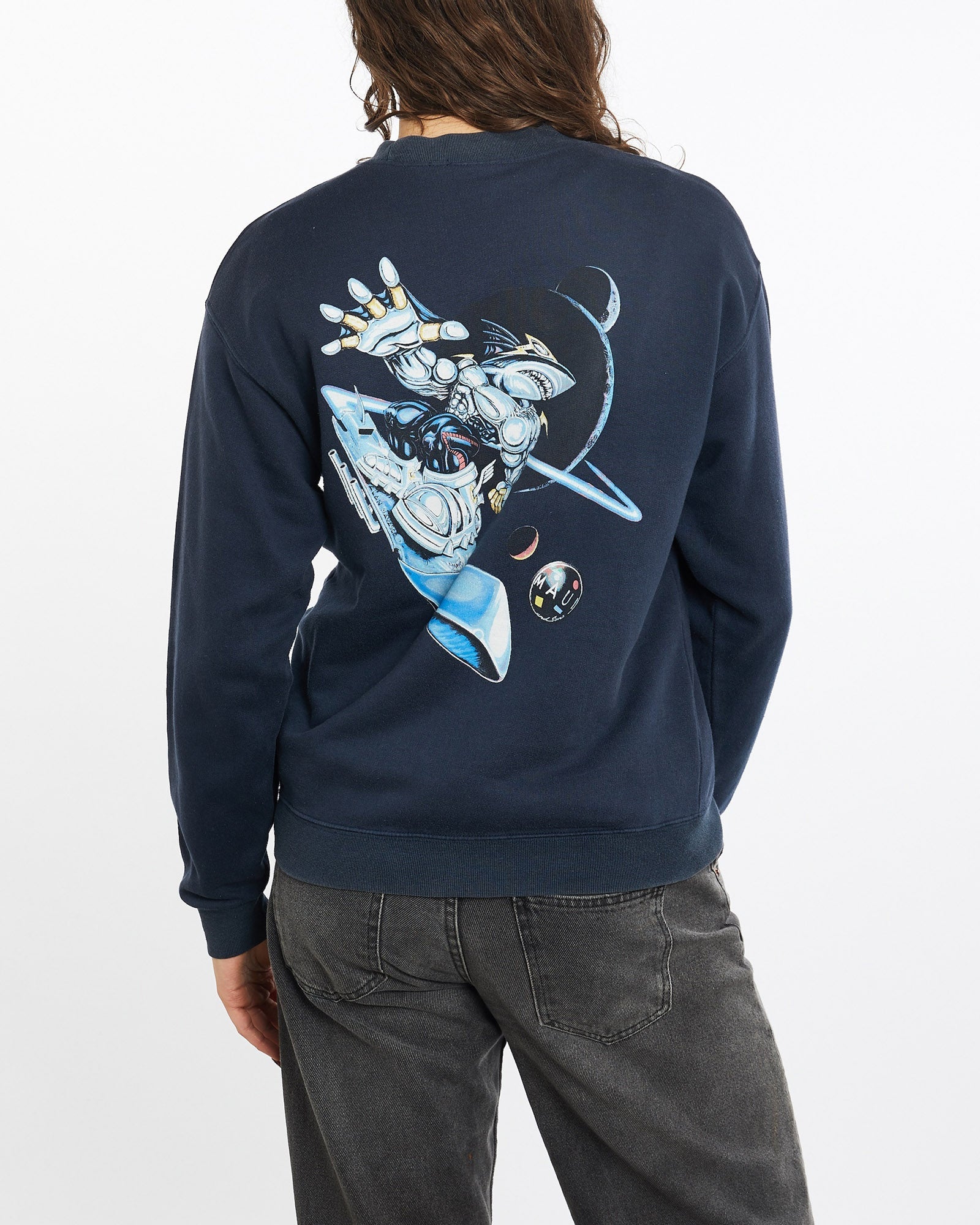 front full body shot of model wearing a Vintage 90s Maui & Sons Spaceboarding Sweatshirt, colour Navy, size S