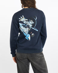 front full body shot of model wearing a Vintage 90s Maui & Sons Spaceboarding Sweatshirt, colour Navy, size S