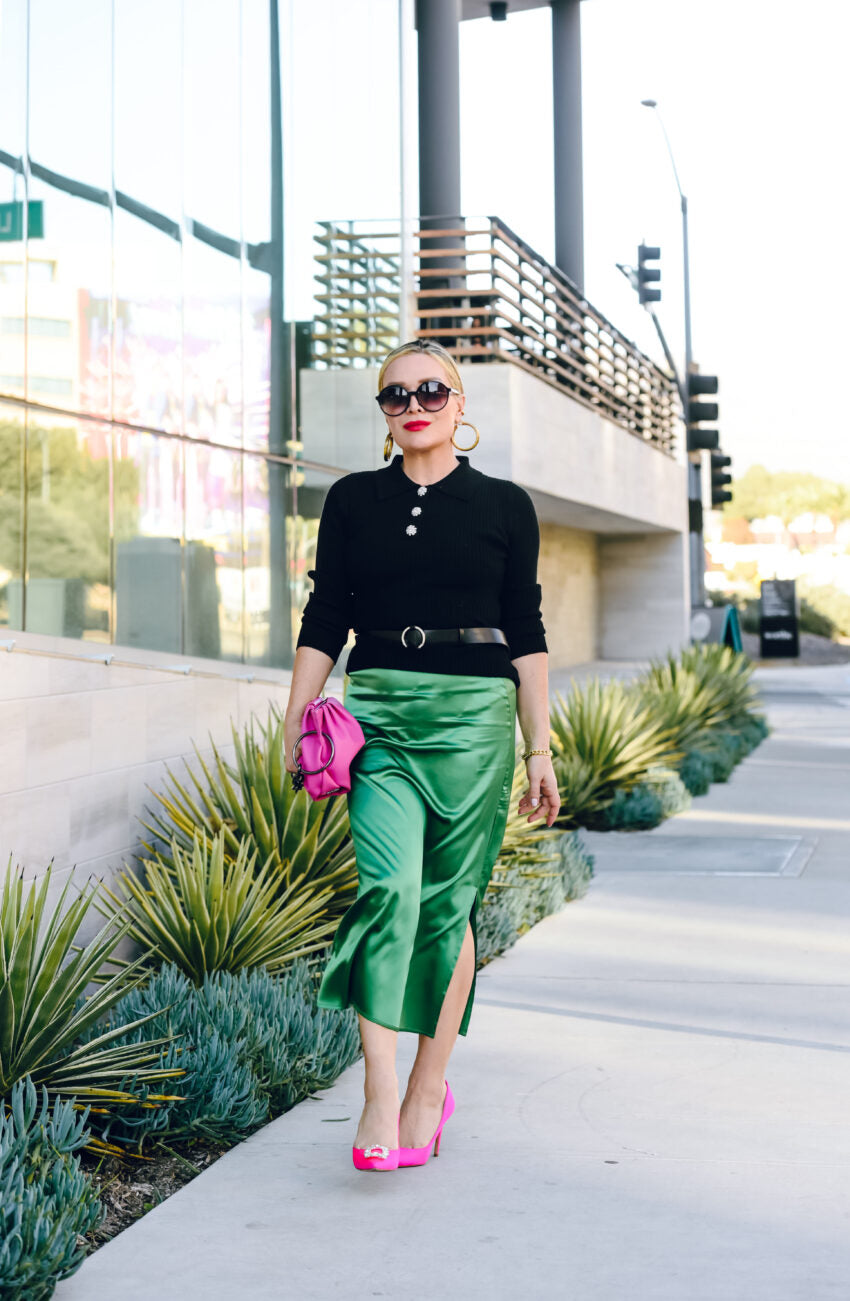 Green Slip Dress, Pink Heels