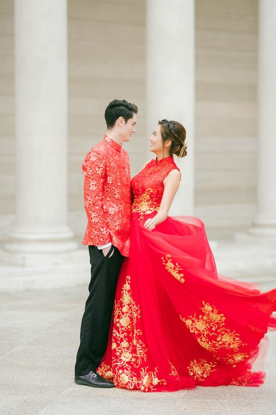 Chinese Wedding Dress | Modern Qipao | Red Cheongsam Wedding Dress | Traditional Chinese Dress | Bridal Qipao Dress Tea Ceremony