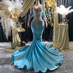 Turquoise Blue Rhinestone Appliqué Evening Dress - Handcrafted Couture Gown Crystals
