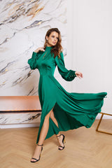 Emerald Silk Long Sleeve Maxi Dress | Silk Turtleneck Dress | Emerald Green Formal Dress