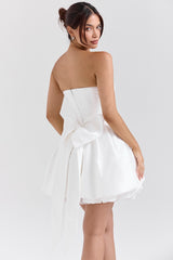 'Noele' White Satin Strapless Bow Mini Gown