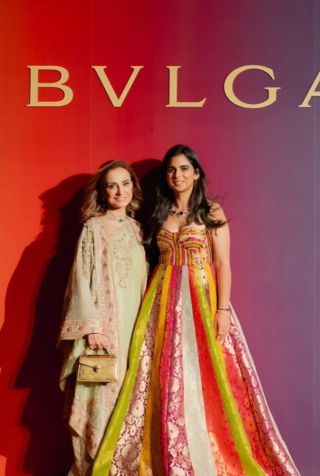 Isha Ambani is wearing a Banarasi floor length Gown designed by Ashwin Thiyagarajan, at Ambani family hosted Bvlgari roman holi event. : r/BollywoodFashion