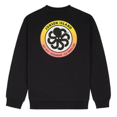 sweatshirt noir vue de dos avec logo ron jonsen jaune et orange