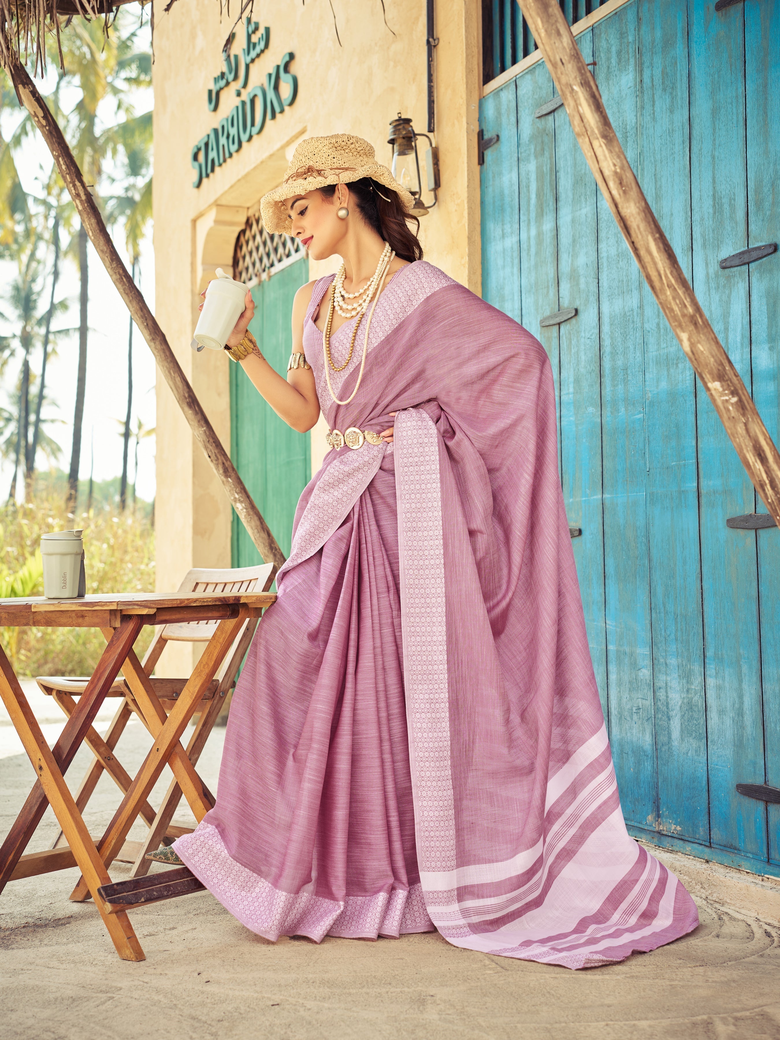 Light Pink Elegant Linen Saree with Chikankari Weaved Border ClothsVilla