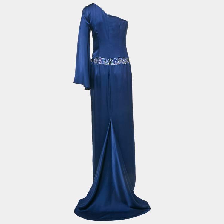 Nicole Miller Blue Sequin Embellished Satin Silk One Shoulder Cocktail Dress M Nicole Miller