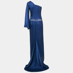 Nicole Miller Blue Sequin Embellished Satin Silk One Shoulder Cocktail Dress M Nicole Miller
