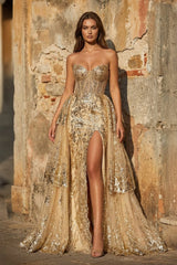 Gold Sweetheart A - Line Lace Long Prom Dress With Split - KissProm