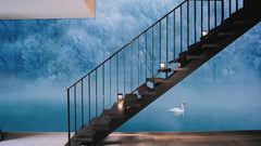 Ethereal Winter Wonderland frosted mural with swan, staircase, modern flooring, spacious minimalist room decor.
