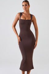 Oh Polly's Priscilla wearing the Ainslee Midaxi Dress in Chocolate Brown Modal fabric perfect for a romantic dinner date