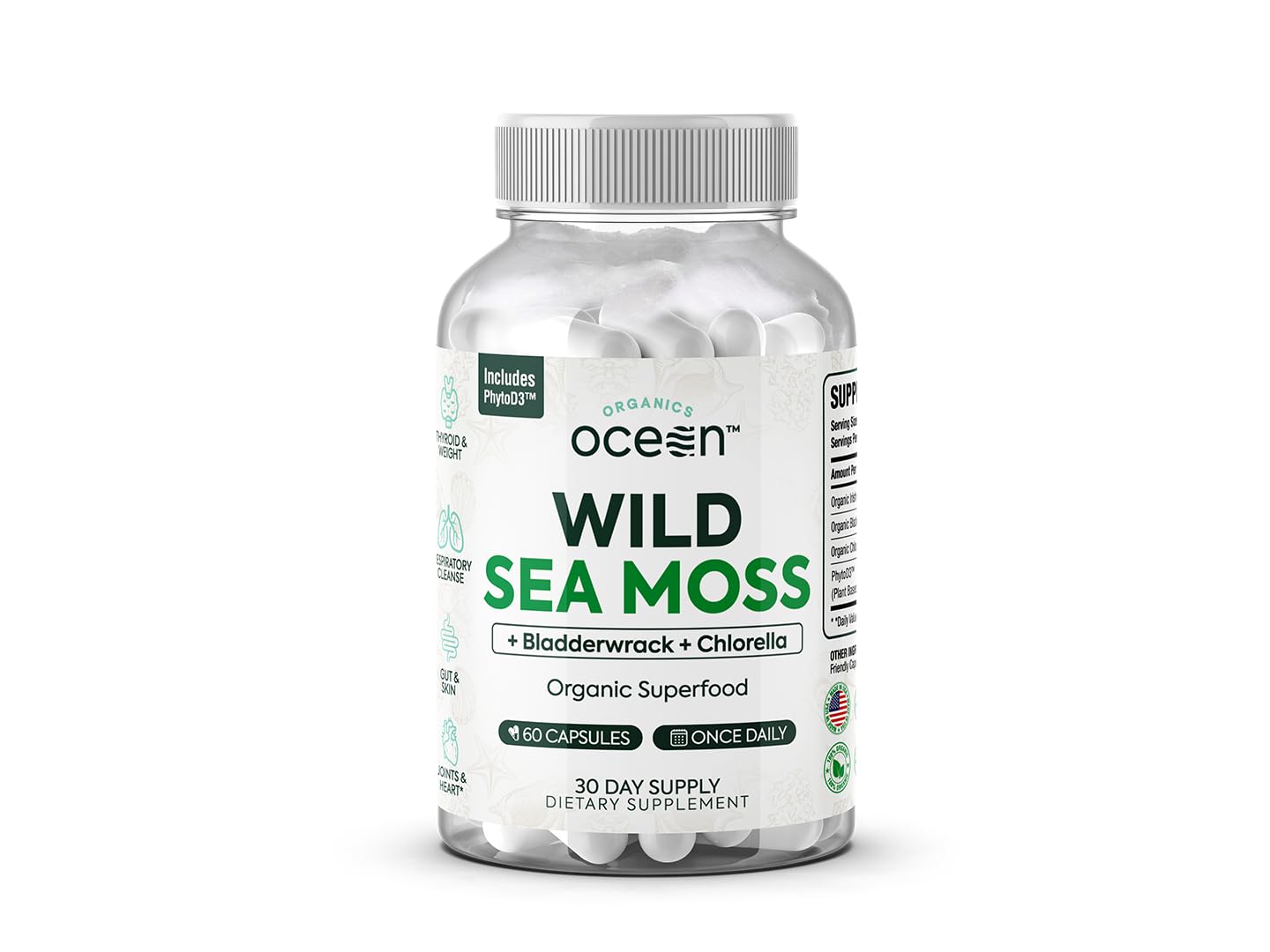 Bottle of Organics Ocean Wild Sea Moss Capsules on white background