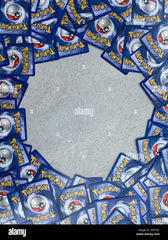 Pokemon card laying in a circle with an empty center. Pokemon trading cards Stock Photo