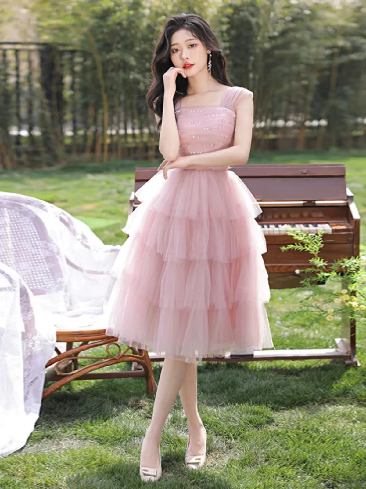 Elegant Pink Layered Tulle Midi Dress