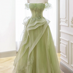 Enchanted Forest Green Tulle Gown With Delicate Embroidery And Sheer Overlay on Luulla