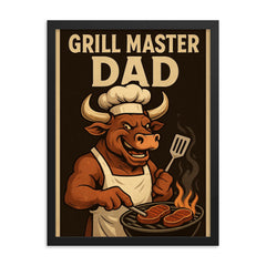 Quote 'grill master dad' Bull wearing a chef's hat and apron flipping steaks Funny father's day Poster framed print on a plain backdrop in size 18"x24".