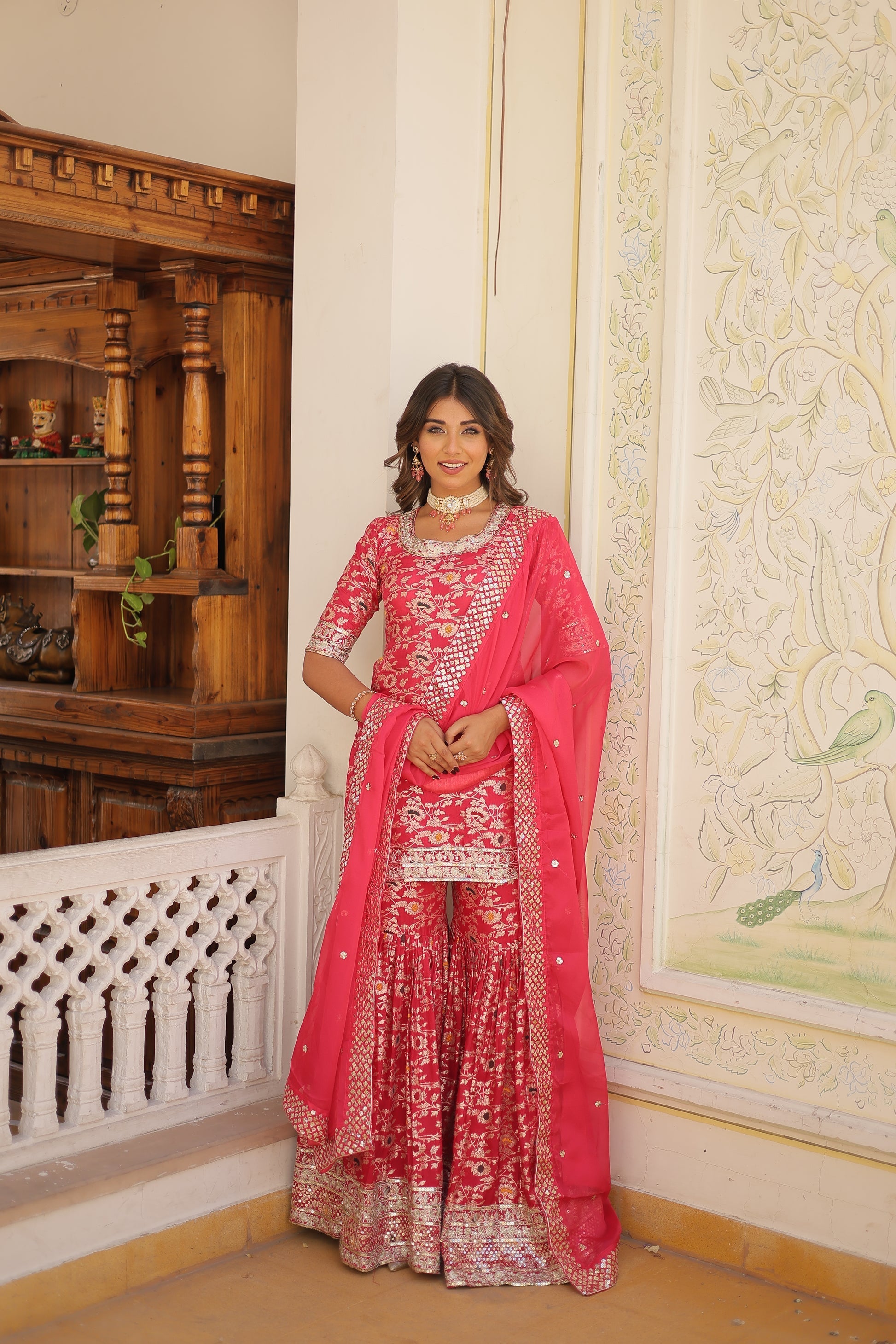 Krishnapriya rani pink viscose embroidered kurti gharara set