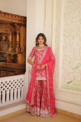 Krishnapriya rani pink viscose embroidered kurti gharara set