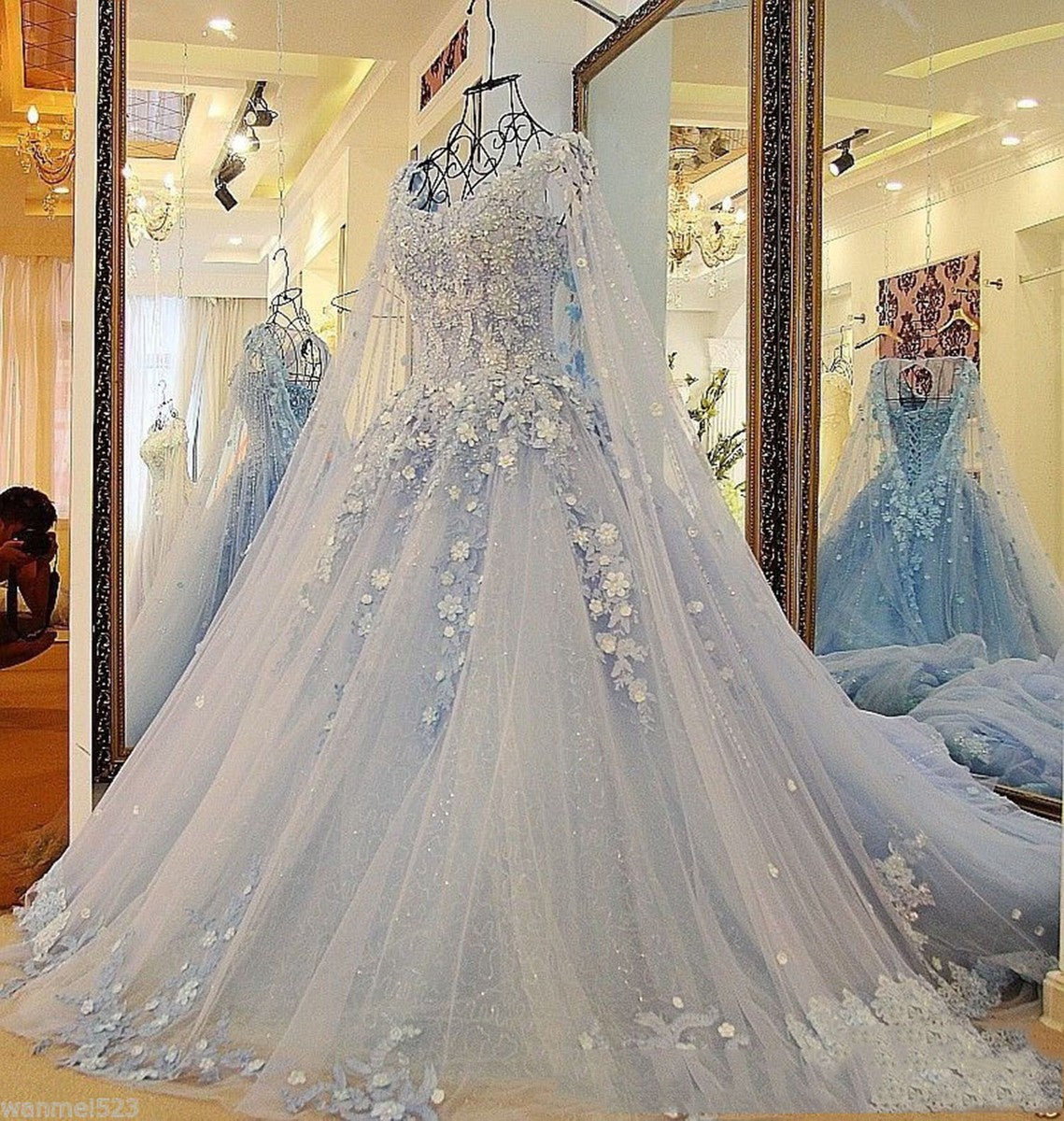 Wedding Dresses Shiny Beaded Medieval 3D Floral Fairy Sweep Train Bridal Gowns