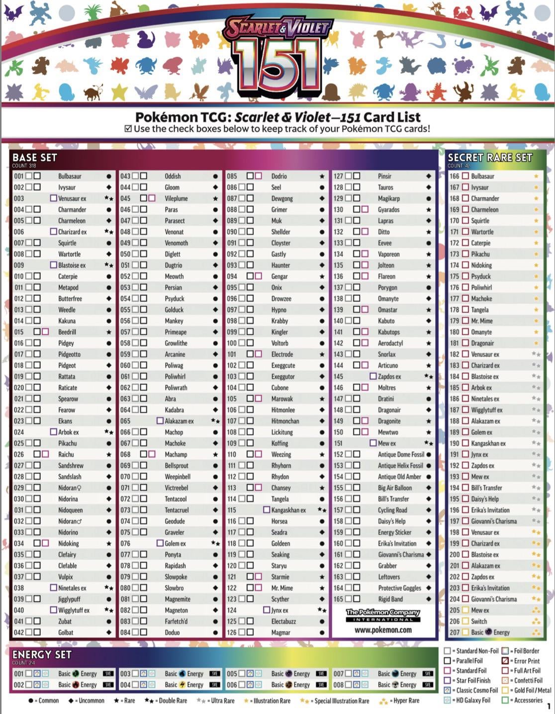 pokemon 151 card list checklist S&V