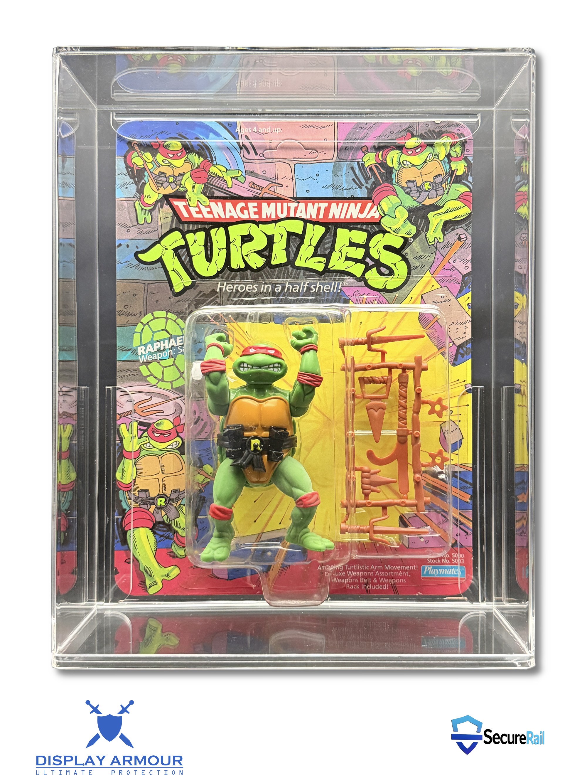 TMNT Raphael mint on card action figure in acrylic display case front view.
