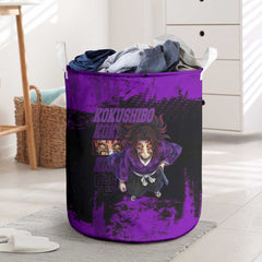 Kokushibo Demon Slayer Purple Grunge Design Laundry Basket with Six Eyes Detail and Sword Pose - The Mazicc