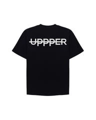 back of black upper t-shirt with bold white uppper logo across the shoulders on white background