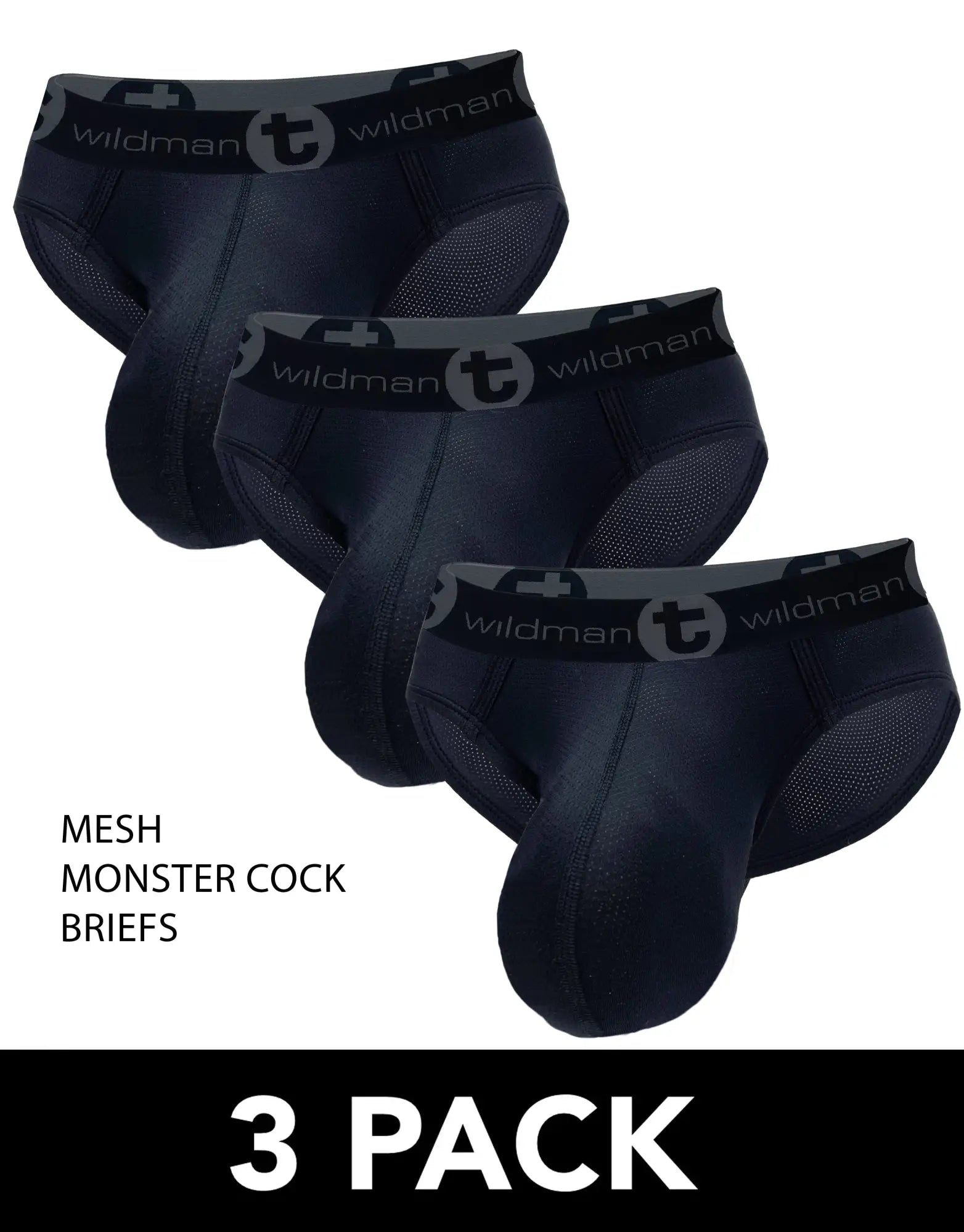 Black mesh briefs with gray waistband featuring wildman logo and emblem from wildmant 3-pack mesh monster cock brief black