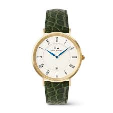 Gents Daniel Wellington Classic Roman Numerals Date Dark Green Croc Belly Gold