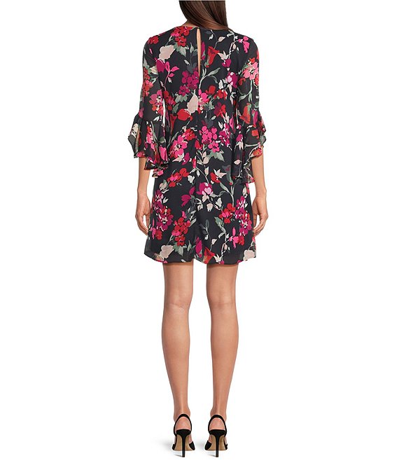 Calvin Klein 3/4 Sleeve Floral Shift Shift Dress - Indigo Multi