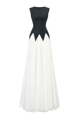 Starlight Tide A-line Pleated Khaki Silk Floor Length Dress Black and White Maxi Dress CHYMEOCHY