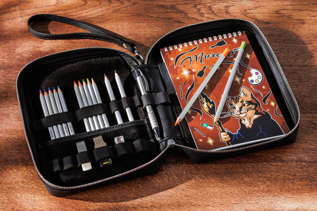 Elegant Black Art Organizer | Handmade Leather Sketchbook Case | Gift for Designer or Architect