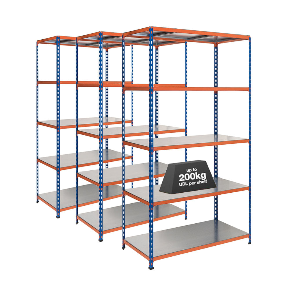 3x SX200 Industrial Shelving - 1830mm High - 200kg - Steel - Blue & Orange