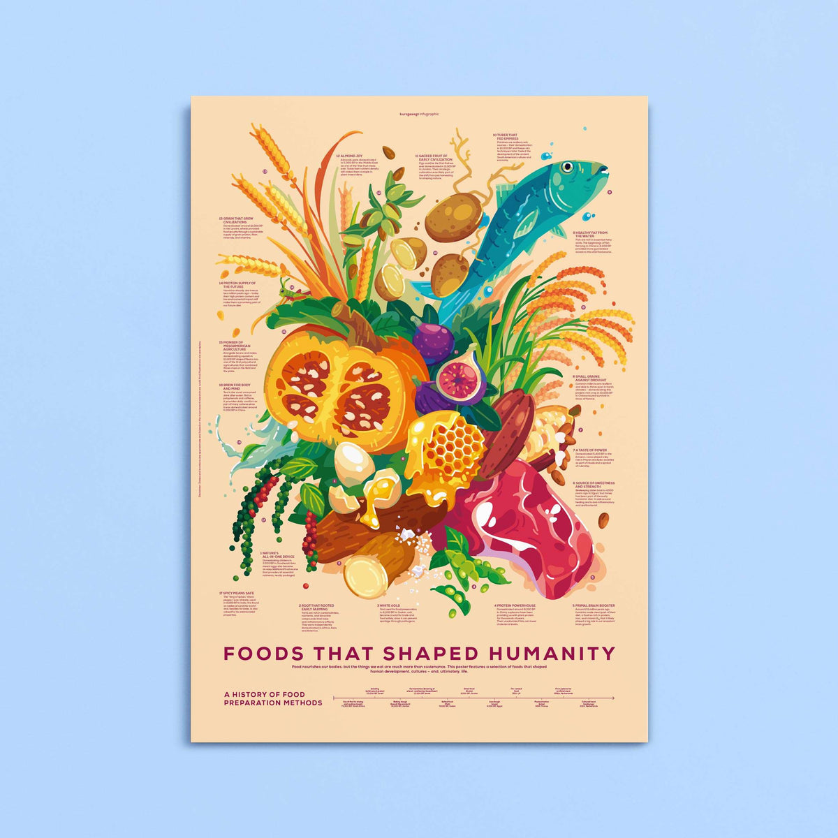 "Foods That Shaped Humanity Poster" with illustrated foods, fish, grains, and descriptive text.