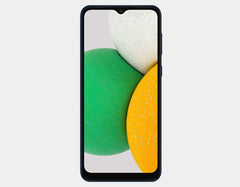 Samsung Galaxy A03 Core GSM unlocked smartphone in blue, showing the front display with dual SIM slots and 32GB storage.