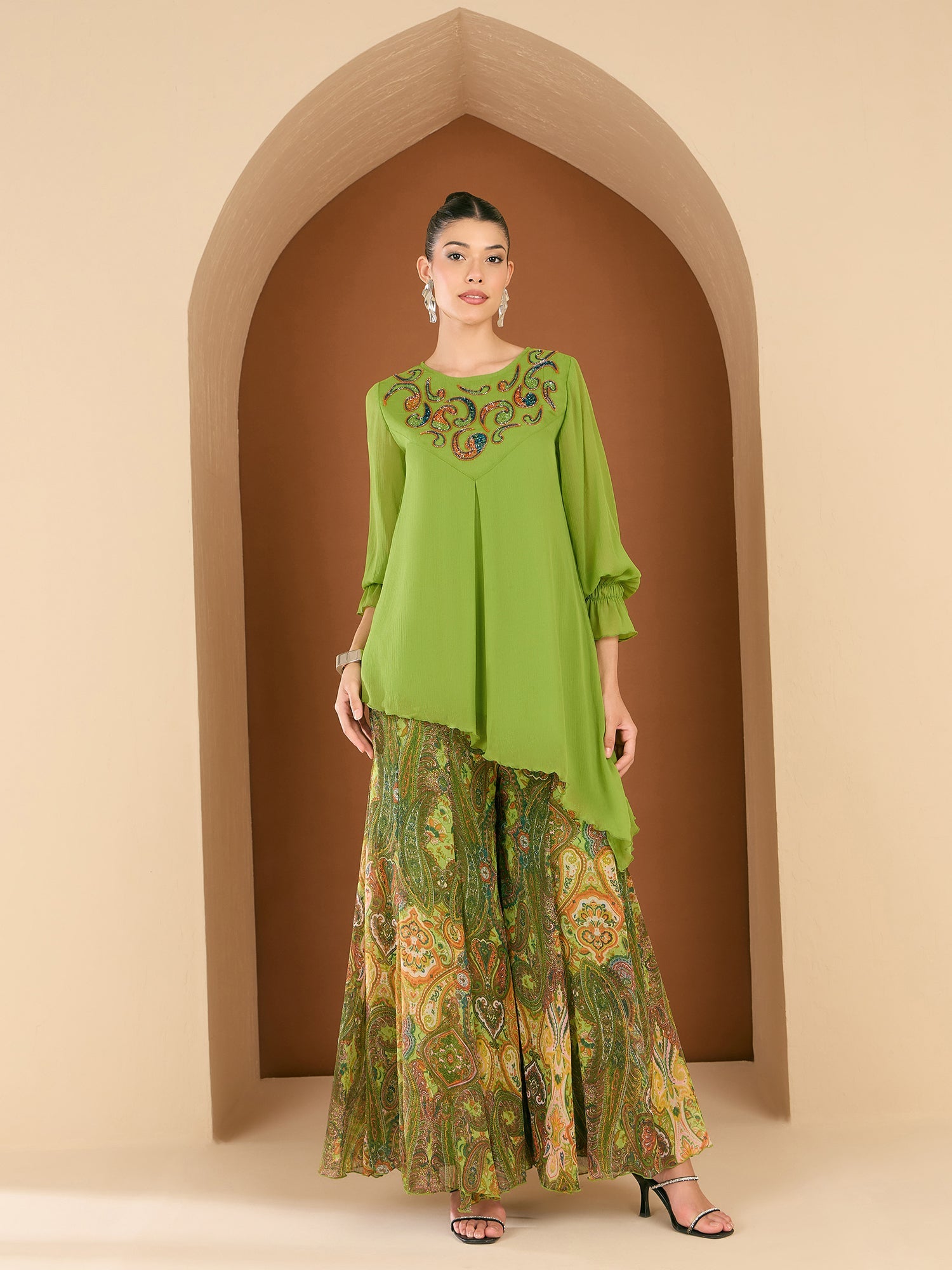 Antheaa Embellished Round Neck Top With Palazzos