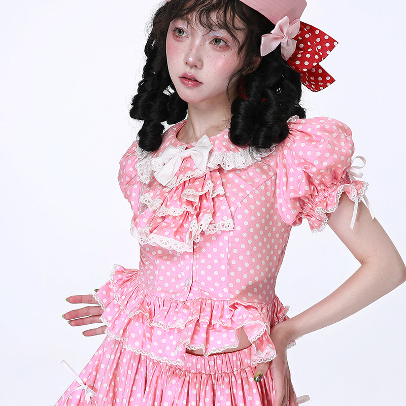 SOS MEME CLUB - Showa Vintage Kawaii Pink Polka Dot Shirt blouse SOS MEME CLUB S
